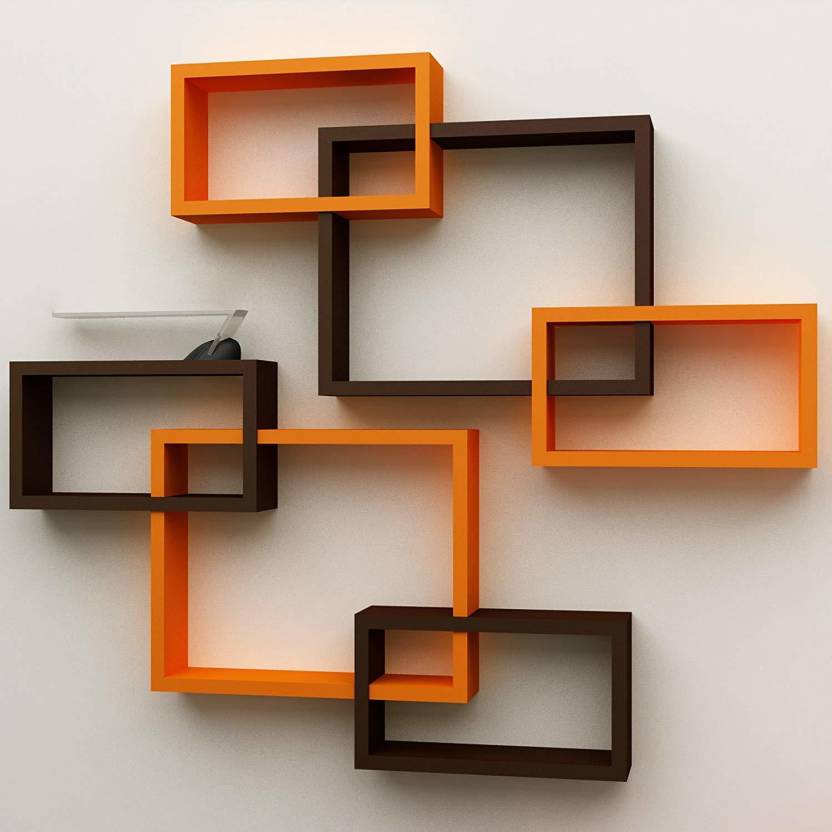 DECORASIA Wall Mount Set of 6 Intersecting Wall Shelves MDF (Medium Density Fiber) Wall Shelf (Number of Shelves - 6, Orange & Brown