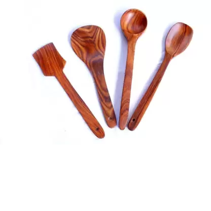 DECORASIA Natural Cooking Spoon Set of 4 | 2 Frying, 1 Serving, 1 Spatula, 1 Chapati Spoon, 1 Desert, 1 Rice | Rosewood Utensils | Brown Disposable Wooden Table Spoon Set