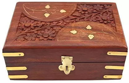 Wooden Jewellery Box for Women Jewel Organizer Carving & Brass Inlaid - D-Design 6 Inches Makeup, Jewellery & other Utility Vanity Box  (Brown)