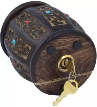 DECORASIA Wooden Round Shape Coin Saving Box Money Keys Gifts For Kids Girls Boys Coin Bank  (Brown)