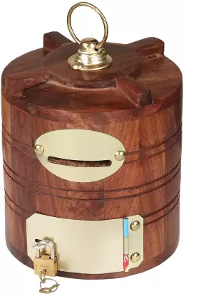 DECORASIA Wooden Handicrafts Money Box with Lock Water Tank Shape / Gullak Bank / Coin Bank  (Brown)