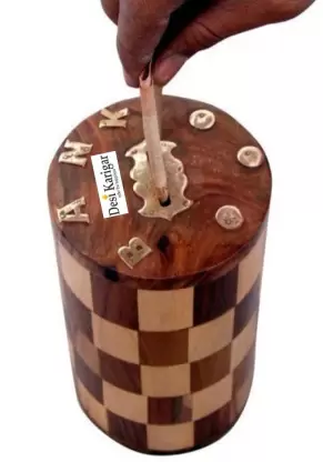 DECORASIA Round Money Bank Chess Style Joint Wood Coin Bank  (Brown)