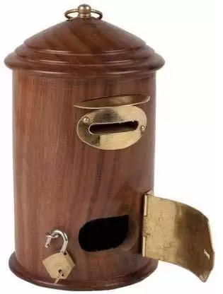 DECORASIA Wooden Money Box Post Office Shape with Lock Sheesham with Brass Holder Coin Bank  (Brown)