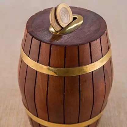 DECORASIA Wooden Money Box Barrel Shape Piggy Bank, Coin Box Coin Bank  (Brown)