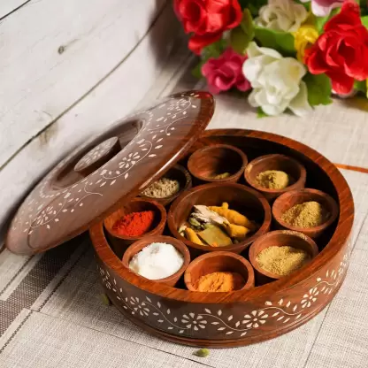 DECORASIA Wooden Masala Box with Spoon, Round Spice Box for Kitchen with Lid Decorative Handmade Masala Dabba Organizer 9 Containers 1 Piece Spice Set  (Wooden, Brown)