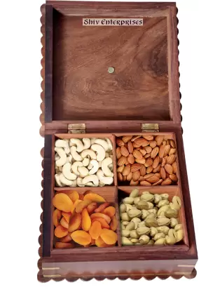 Wooden Dry Fruit Box or Masala Box / Spice Jar Container (4 Sections) for Multipurpose use for Kitchen. (Dimension : 6 Inch X 6 Inch X 3.6 Inch) Spice Set  (Wooden, Brown)