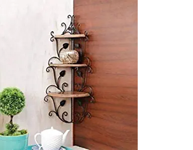 DECORASIA Iron & Wooden Wall Corner 3 Rack Shelf Wall Shelves for Office & Home D?cor