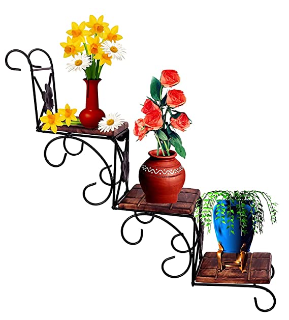 DECORASIA Wooden and Wrought Iron Wall Shelf / Stairs Shape Zigzag Shelf / Wall Mounted Corner Side Shelves for Home