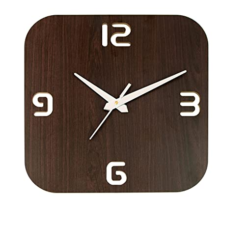 DECORASIA Square Design MDF Wooden with Numerals Silent Wall Clock (Dark Brown, 28 X 28 X 4 cm)