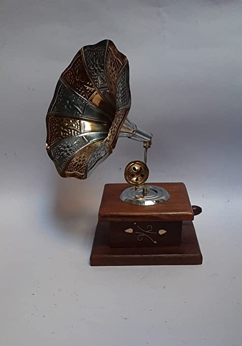 DECORASIA  Gramophone Wood and Brass Square Wooden Shisham Vintage Showpiece Gramophone