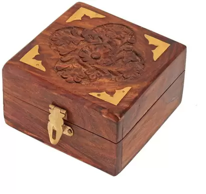 Wooden Jewellery Box for Ring & Earing Box Square Carving with Brass Corner H@ndmade 4 Inch - Sulfi Design Makeup, Jewellery & other Utility Vanity Box  (Brown)