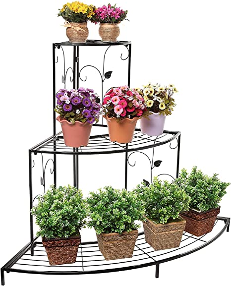 DECORASIA 3 Tier Plant Stand Floral Corner Shelf Metal Flower Pot Rack Stair-Step Style Display Ladder for Garden Balcony Indoor Outdoor (Black) 81cm x 57cm x 70cm (L x W x H) (Black)