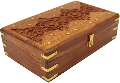 DECORASIA Wooden Jewellery Box for Women Jewel Organizer Hand Carved Carvings Gift Items, 10x6 To store make up beauty products Vanity Box  (Brown)