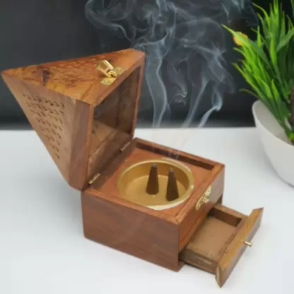 DECORASIA Pakka Sheesham Wood Agarbatti Incense Stick Box and Dhoop Stand Ash Catcher Decorative Handicraft Incense Holder - Medium Wooden Incense Holder  (Brown)