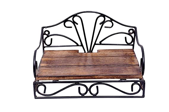 DECORASIA  Wooden & Wrought Iron Wall Bracket | Book Rack , Cloth Hanger , Bathroom Shelf , Wall Vase Stand |, Key Hanger , Set Top Box Stand , Wall Mounted Rack ( Rectangular )