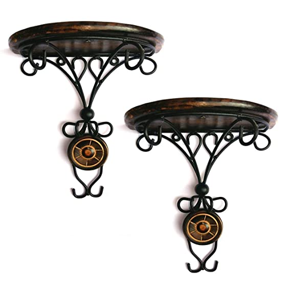 DECORASIA 100%Good Wooden & Wrought Iron Fancy Wall Bracket/Wall Shelf Wood & Iron Combo/Pair of Wooden Wall Bracket Wall Hanging for Living Room Bed Room Wall Mounted Wall Shelves Set of 3