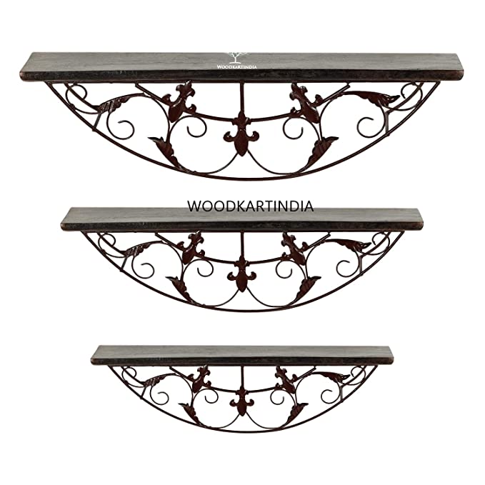 DECORASIA Wooden Iron Wall Shelf Wall Bracket, Shelf, Floating Wall Shelves Set of 3 for Home Decor, Living Room Decor, Antique Decor (Antique)