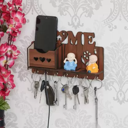 Key Holder For Wall Home Design Mobile Phone Stand With Side Shelf Wood Key Holder  (7 Hooks, Brown)