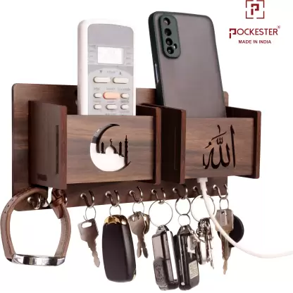 Allah with Double Mobile Stand Wood Key Holder  (9 Hooks, Brown)