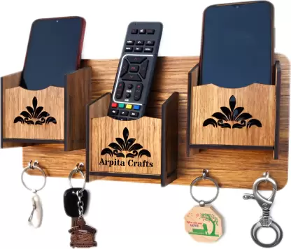 Mobile Stand Wood Key Holder Wood Key Holder  (4 Hooks, Beige)