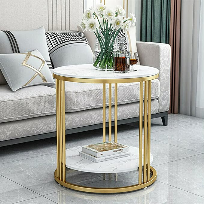 DECORASIA  Wooden and Wrought Iron Side Table Tea Coffee | Bedroom Table, End Table, Stool for Living Room,Hallway Table Modern Creative Side Table (Golden with White)