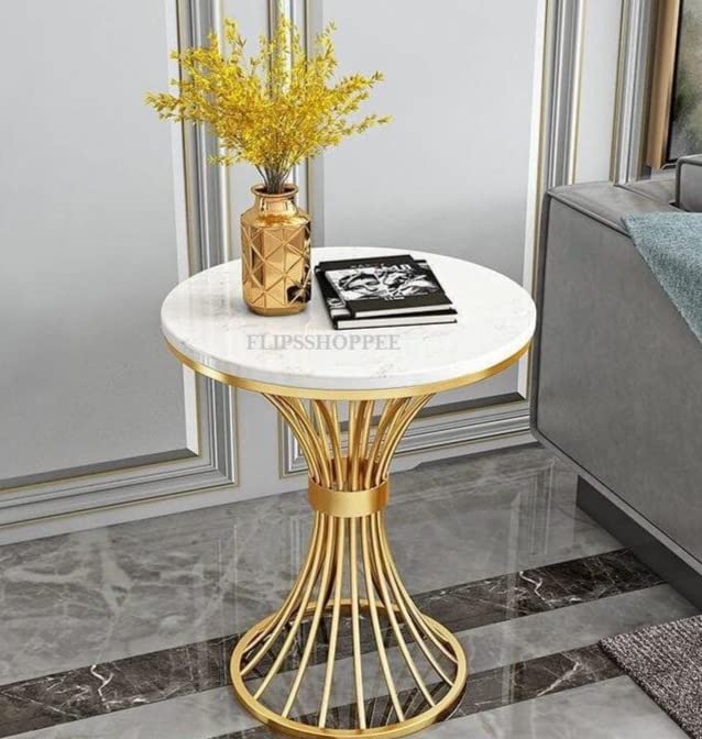 DECORASIA Golden Round Table for Living Room/Bedroom/Dinning Room, Coffee Table, End Table, Utility Table (Colour :- Golden with White) (Golden with White)