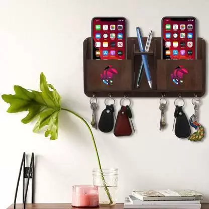 KEY HOLDER WITH 2MOBILE HOLDERS Wood Key Holder (6 Hooks, Brown) Wood Key Holder  (6 Hooks, Brown)