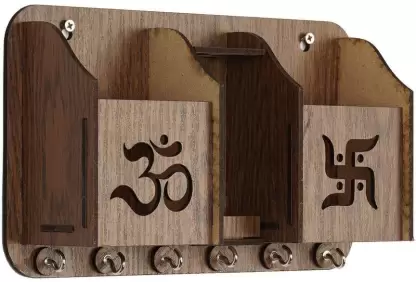 Design Pen Stand / Key Hanger/ Mobile Holder / Decorative Wood Key Holder  (6 Hooks, Brown)