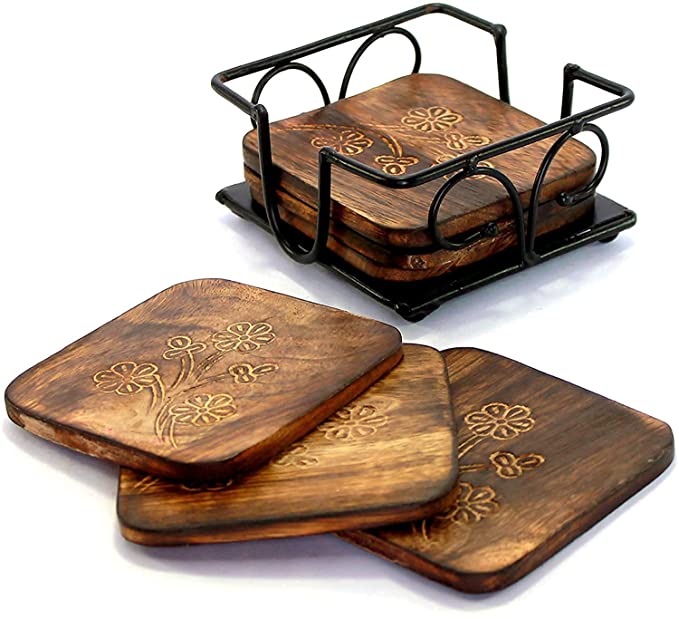 DECORASIA Wooden Coaster Set of 6 with Carved Flower Design on Coaster with Wrought Iron Holder for Coffee Table/Kitchen/Dining Table