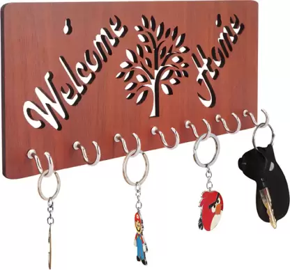 Welcome_Home-Brown Wood Key Holder  (7 Hooks, Brown)