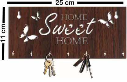 Butterfly Design Home Sweet Home Wood Key Holder  (7 Hooks, Brown)