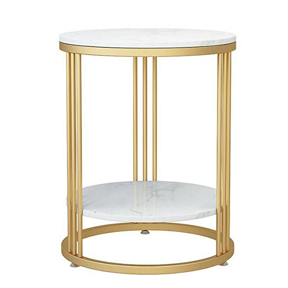 DECORASIA Golden with White Wooden and Wrought Iron End Table, Stool for Living Room,Hallway Table Modern Creative Side Table (Shape - Round)