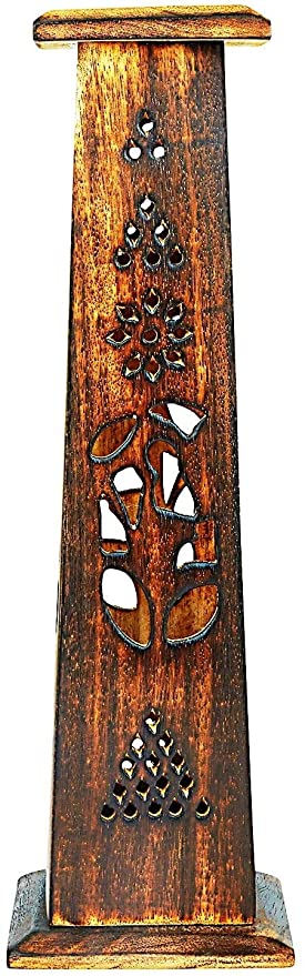 DECORASIA  Wooden Incense Stick & Cone Burner Holder Tower Large Organic Eco Friendly Ash Catcher Agarbatti Holder Rustic Style Hand Carved for Yoga Home Fragrance Products (12 Inch)