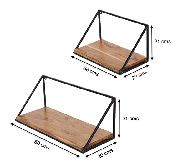 DECORASIA Wooden Wall Mount Iron Storage/Outdoor/Garden Shelf (Acacia Wood, Natural Finish, Big & Medium)