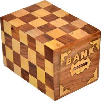 DECORASIA Handcrafted Square Shape Wooden Money Bank Safe Kids // Money Saving Box Piggy Bank for Adults Travel Fund, Vacation Fund, Adventure Fund (GULLAK)// with Lock and Key