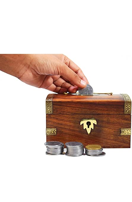 DECORASIA Handicrafted Wooden Money Bank Coin Saving Box Piggy Bank with Lock,