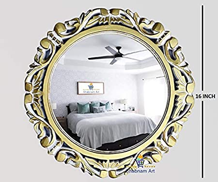 Antique Wall Decor Wall Hanging Beautiful HandcarvedDECORASIA  Round Shape Wooden/Wood Wall Mirror for Bathroom,Bedroom,Size:-16x16 inches,Color:-White & Gold