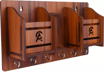 Double Mobile and Pen Stand Wood Key Holder  (6 Hooks, Brown)