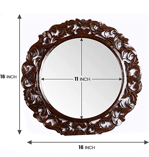 DECORASIA Crafted Wooden Round Shape Vanity Wall Mirror for Living Room, 18 x 18 Inches (Brown)