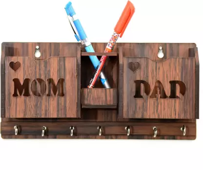 MOM DAD Wood Key Holder  (7 Hooks, Brown)