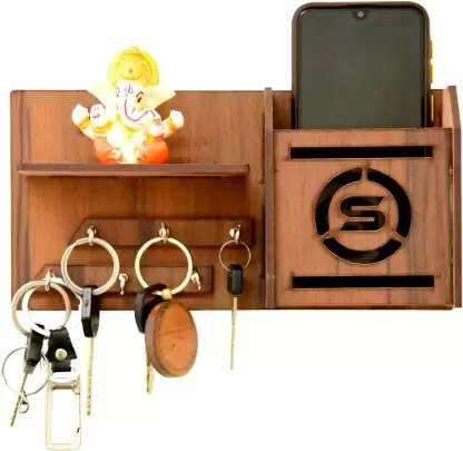 Wooden Key And Mobile Holder Alphabet S Wood Key Holder  (6 Hooks, Brown)