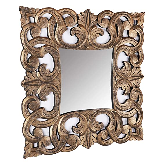 DECORASIA  AHMR55 Handcrafted Wood Wall Mirror (61 cm x 61 cm x 2.5 cm, Gold)