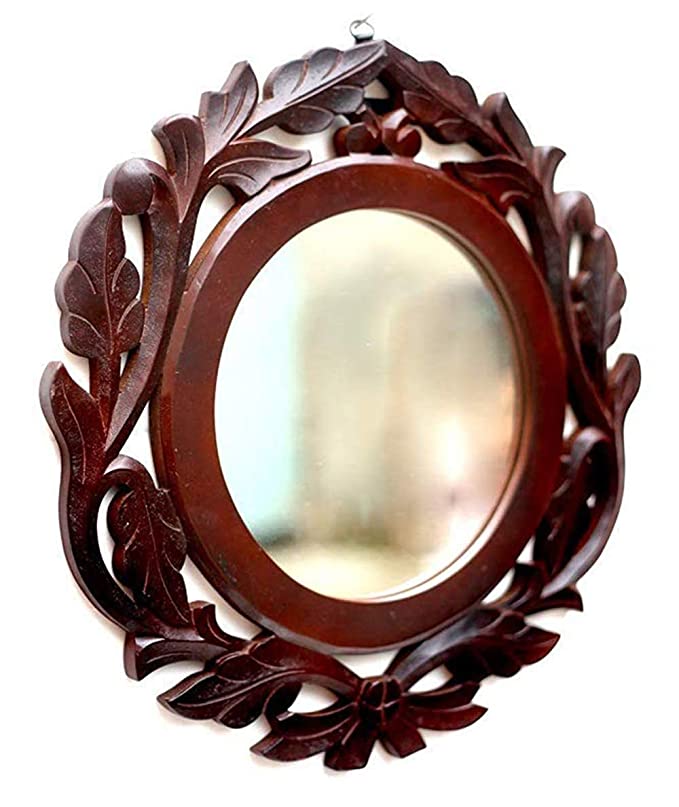 DECORASIA  Wooden Handmade Vintage Round Bathroom and Wash Basin Wall Mounted Vanity Mirror - Brown