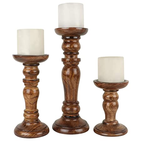 DECORASIA Decorative Wooden Pillar Candle Stand, Set of 3 – Hand Crafted Wood Candle Holders for Living Room, Table Centerpiece, Mango Wood Medium Polish Finish (SIZE1(12' , 8' , 6'))