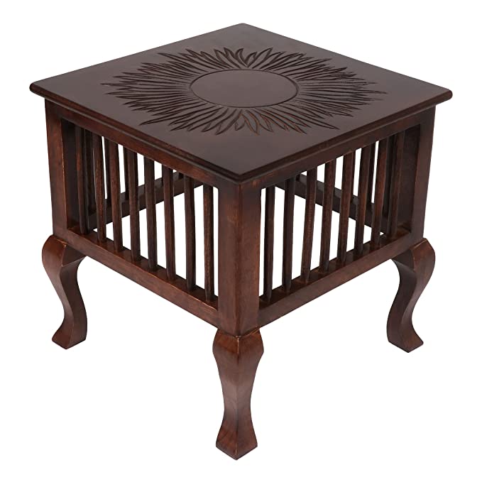 DECORASIA Mango Wood Walnut Finish Handmade Carving Classic Side Table for Living Room (Brown)