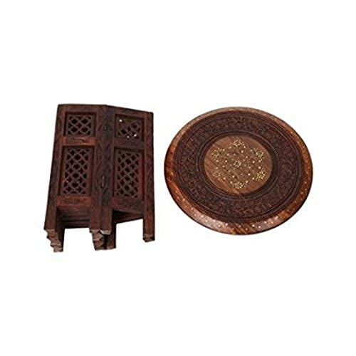 DECORASIA Wood Crafts Sheesham Wooden Round Shape Hand Carving Foldable Table Handmade Coffee Stool (Brown) 12x12x12 Inches