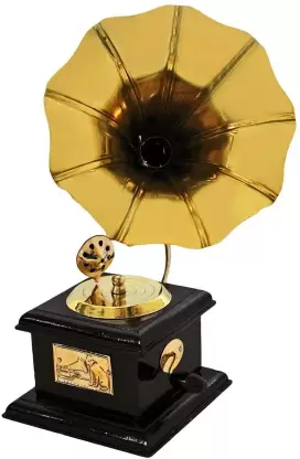 ANTIQUE SHOWPIECE BRASS AND WOODEN GRAMOPHONE Decorative Showpiece - 23 cm  (Brass, Gold)