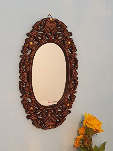 DECORASIA Antique with Handicraft Work Wood Mirror Frame (30 cm x 2 cm x 50 cm, Brown)