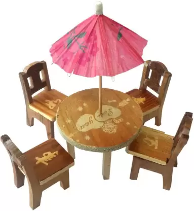 Wooden Miniature Dinning Table Furniture Doll House Mini Dining Room Table Chairs Umbrella Set Role Play Toy for Kids 3+ Years  (Multicolor)