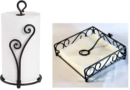 Wrought Iron Kitchen Tissue Paper Roll Holder & Napkin Holder Kitchen Storage Paper Towel Holder (Basic Style, Standard) (Set Of 2)  (Black)